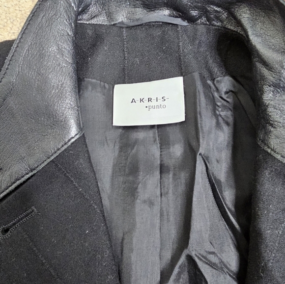 Akris Punto black wool military jacket blazer leather trim mono pinstripe 8 - Picture 9 of 12